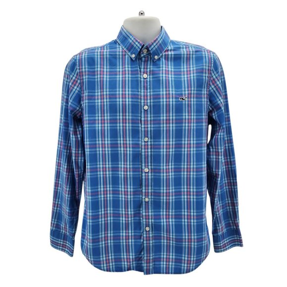 Vineyard Vines Mens Medium Whale Shirt Slim Fit Blue Pink Plaid Logo Button - Picture 1 of 9